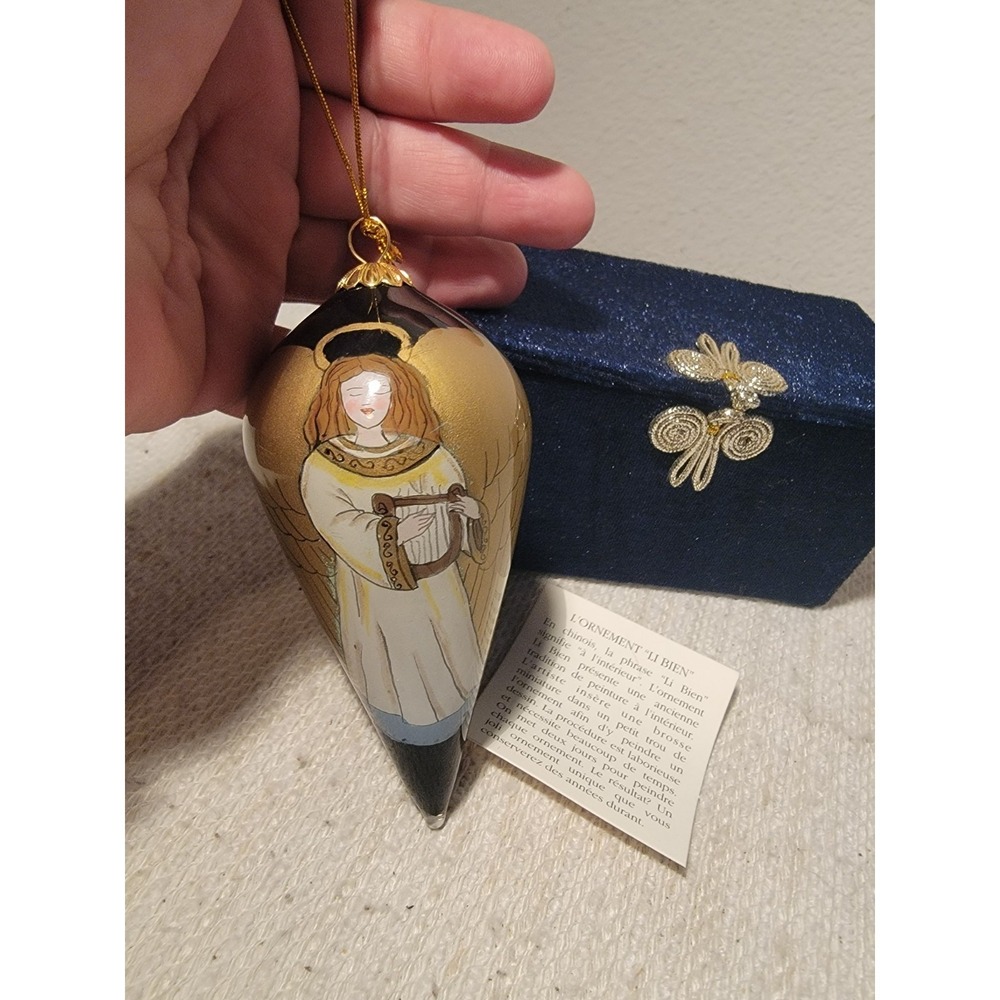 Li Bien Hand Painted Glass Ornament Original Box 1999‎ Angel W/ Harp